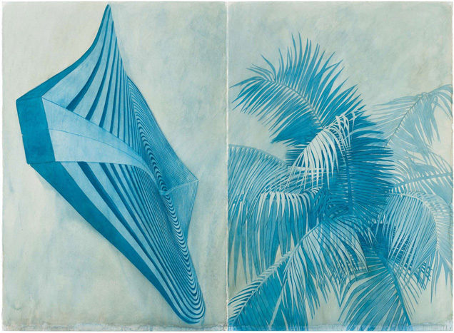 blue diptych of wooden hull like shape and palm trees