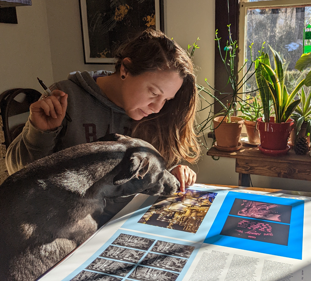 Sarah Higgins reviews proofs assisted by her dog