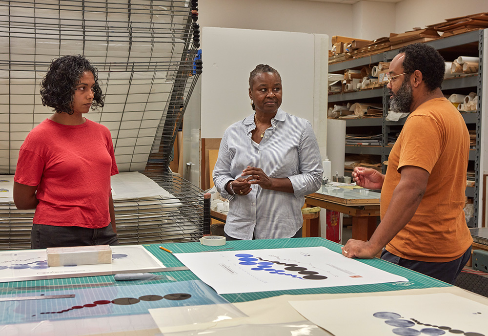 Dr. Antoinette Jackson (center) discusses the Printing Black America project with urbanist Shraddha Ramani (left) and artist William Villalongo (right). Photo by Will Lytch.