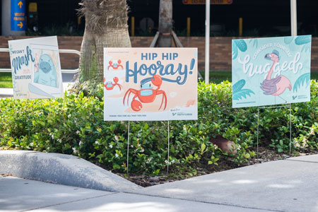 Signs created by the Graphic Arts program to thank health providers during the pandemic.