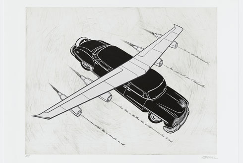 Esterio Segura - Todos quisieron volar: Hibrido de limo Chrysler New Yorker, 2006, Etching, screenprint, woodcut 30-1/2 x 37-1/8 inches. Published by Graphicstudio, University of South Florida, Tampa, FL.