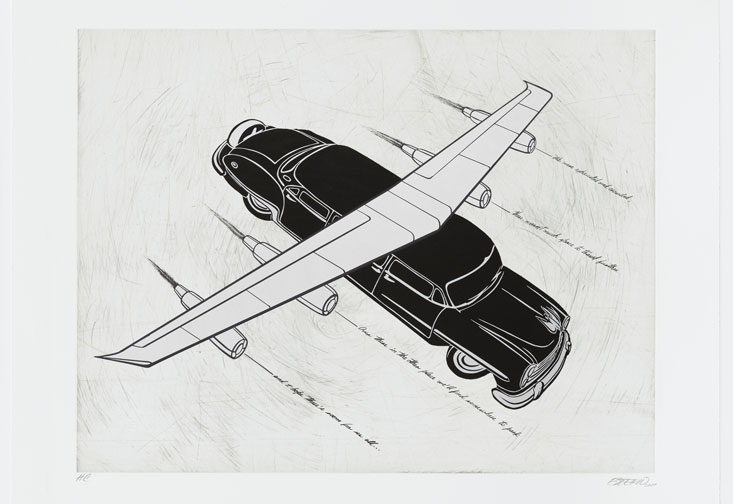 Esterio Segura - Todos quisieron volar: Hibrido de limo Chrysler New Yorker, 2006, Etching, screenprint, woodcut 30-1/2 x 37-1/8 inches. Published by Graphicstudio, University of South Florida, Tampa, FL.