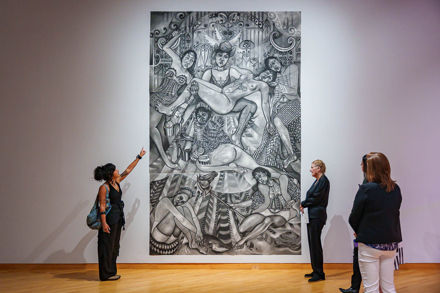 Emily Martinez discusses her piece "Pieta," 2025 with USF Contemporary Art Museum (CAM) Director Margaret Miller at USF CAM.