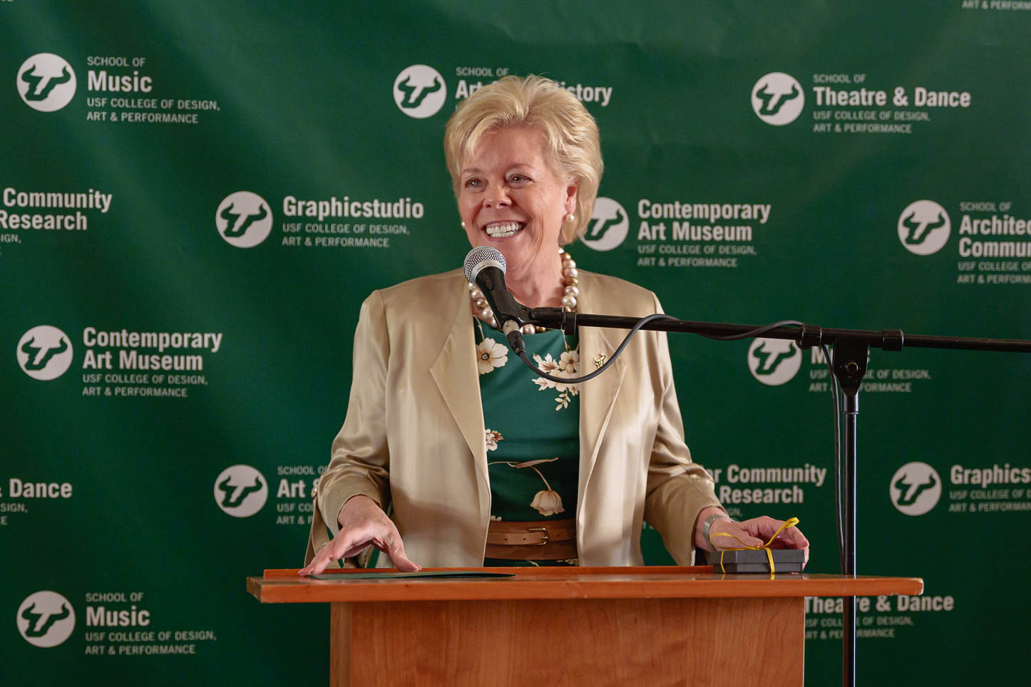 USF President Rhea Law speaks at the President's Reception before "9 to 5: The Musical" begins.