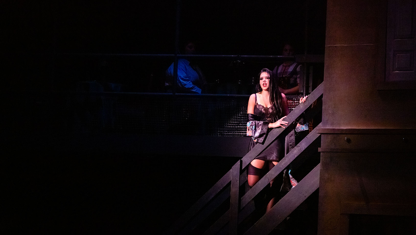 A woman wearing a black slip dress and black stockings sings on a flight of stairs.