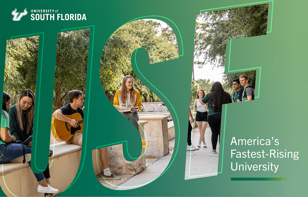 Cover of the presidential profile brochure, "USF. America's Fastest-Rising University"