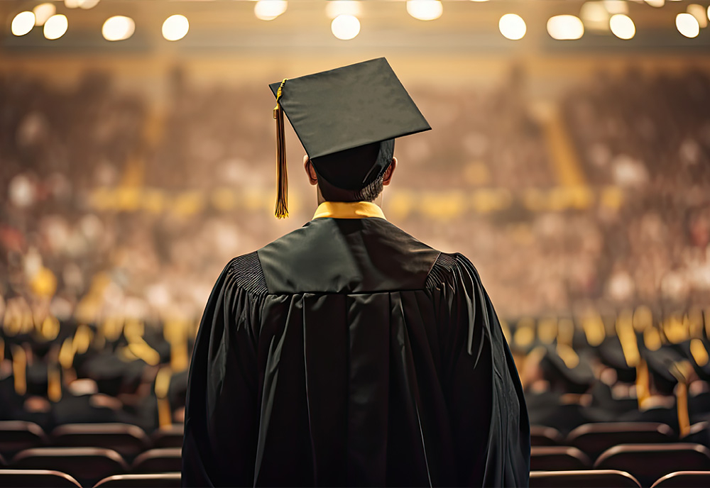 Graduate in cap and gown standing