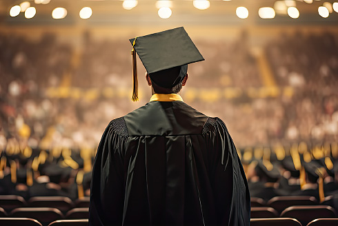 Graduate in cap and gown standing