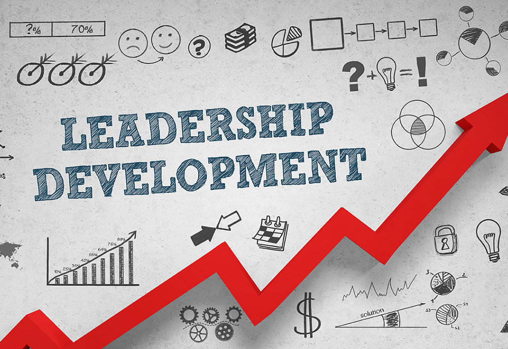 graphic that says leadership development and showing line graph going upwards