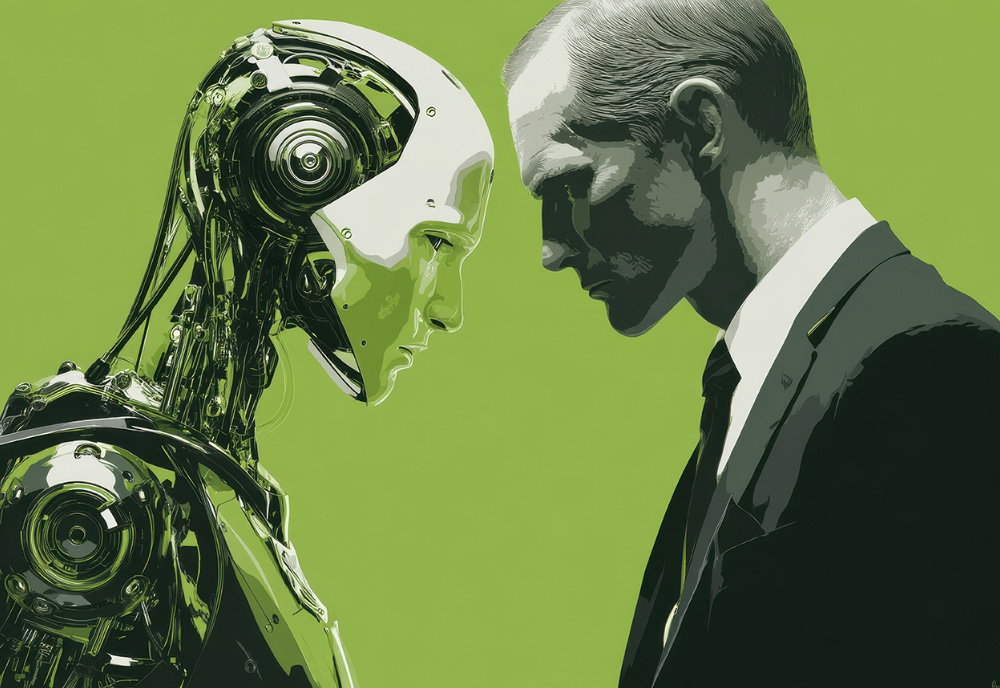graphic of person facing off with robot