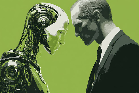 graphic of person facing off with robot
