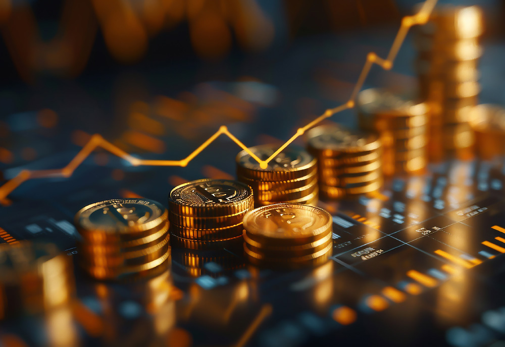 stacks of coins overlayed with charts