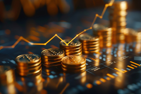 stacks of coins overlayed with charts