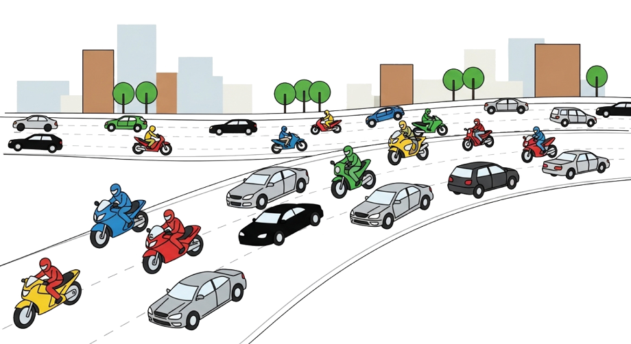 cars and motorcycles moving along a highway