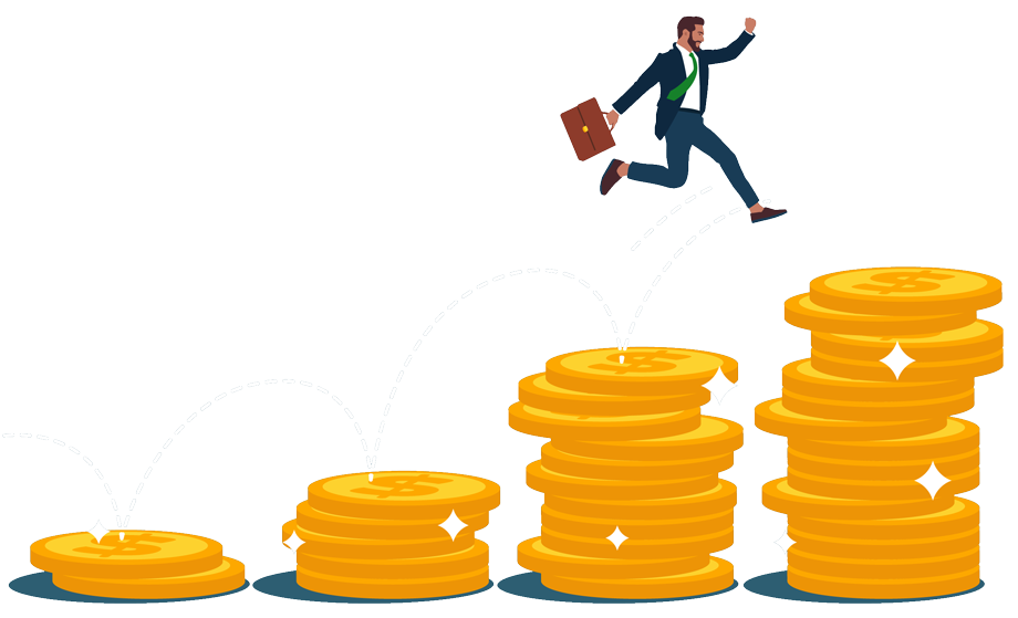 person jumping across stacks of coins