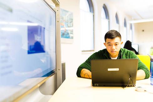 USF student working on laptop indoors.