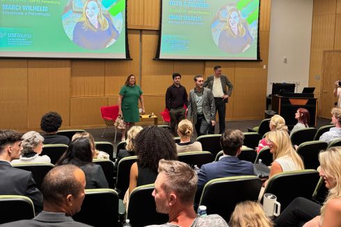 Marci Wilhelm, center left, prepares to speak to an audience of students and community members at USF’s St. Petersburg campus on Oct. 28 as part of the Nault Center for Entrepreneurship’s “Conversation With a Founder” series.