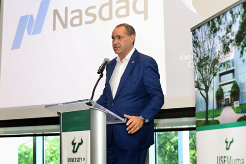 Alex Sanchez speaks at the FinTech|X Accelerator welcome reception