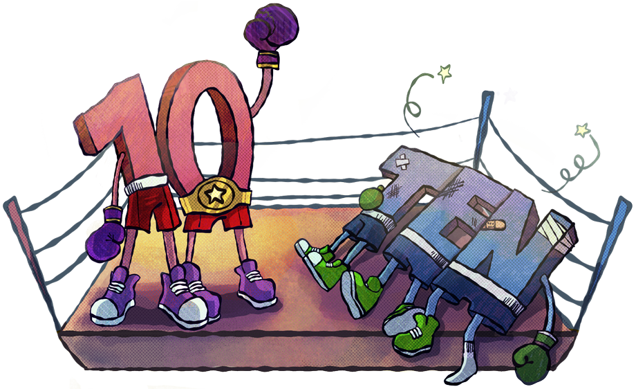 graphic of a boxing ring with the number 10 having beaten the word ten