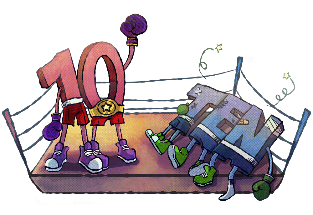 graphic of a boxing ring with the number 10 having beaten the word ten