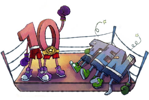 graphic of a boxing ring with the number 10 having beaten the word ten