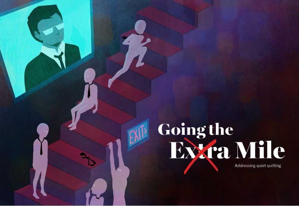 graphic of people moving up and down stairs while being watched