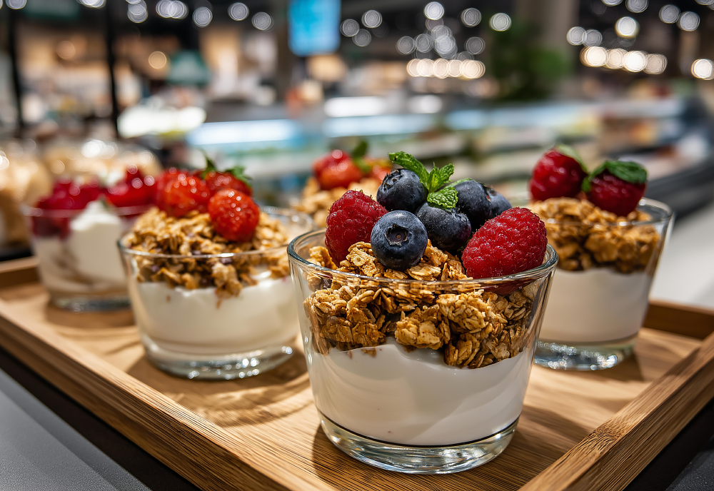 berry, granola, and yogurt parfaits on a tray