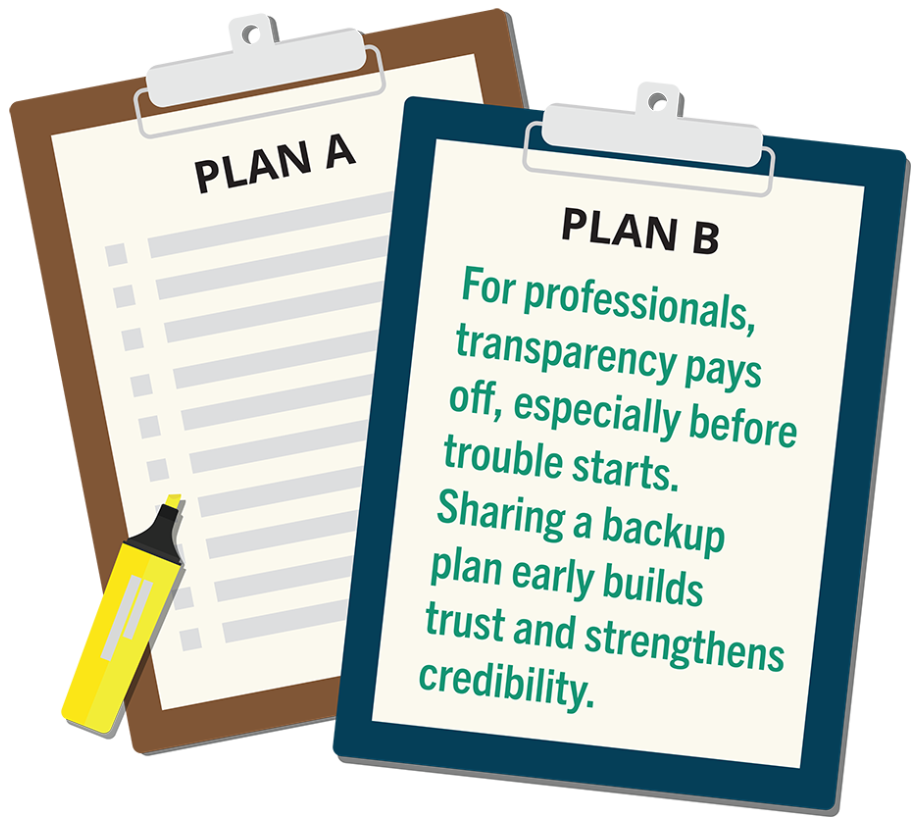 For professionals, transparency pays off, especially before trouble starts. Sharing a backup plan early builds trust and strengthens credibility.