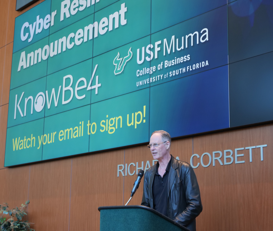 Stu Sjouwerman speaking in Muma atrium
