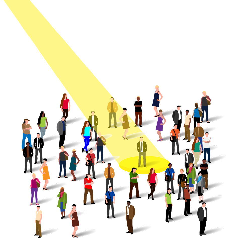 graphic of a spotlight shining down on one person in a large group of people