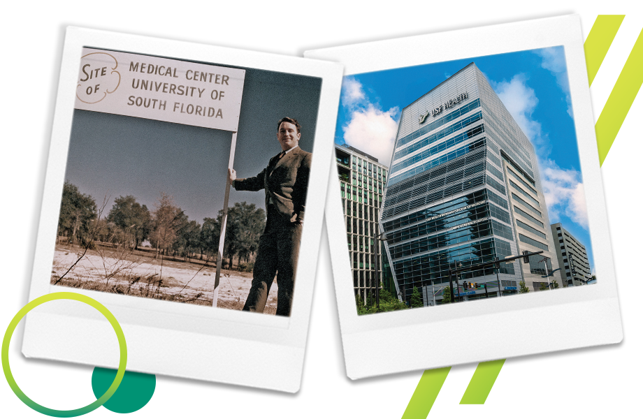 Polaroids of a sign depicting the site of USF's new medical center in 1970 and the modern Morsani College of Medicine building
