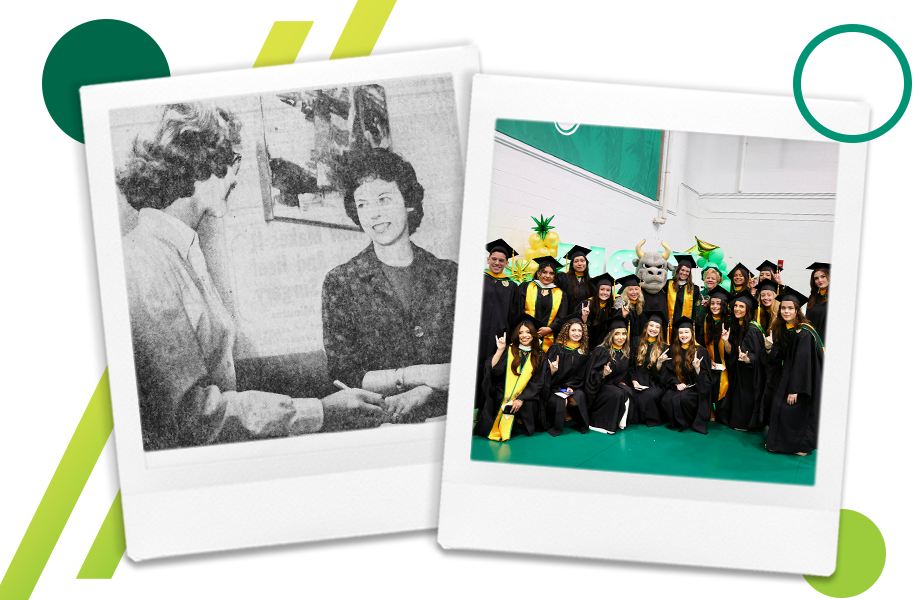 Polaroids showing USF's first student in contrast to a group of modern graduates