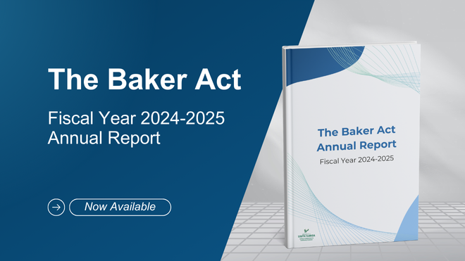 Image says "The Baker Act. Fiscal Year 2024-2025 annual report now available."