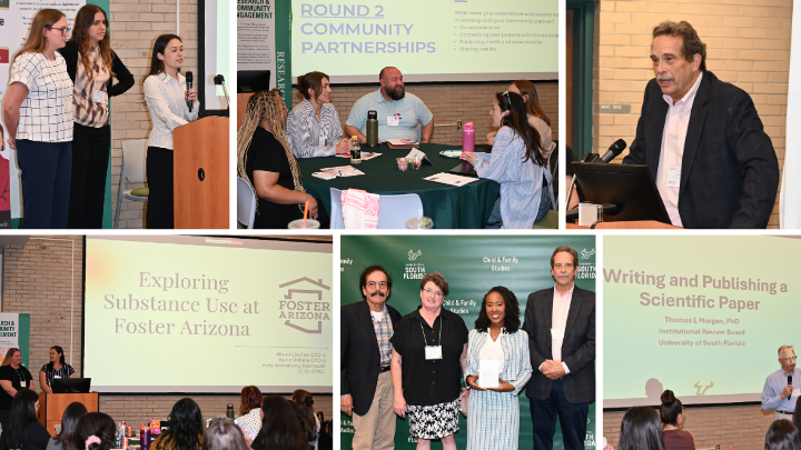men and women presenting at conference