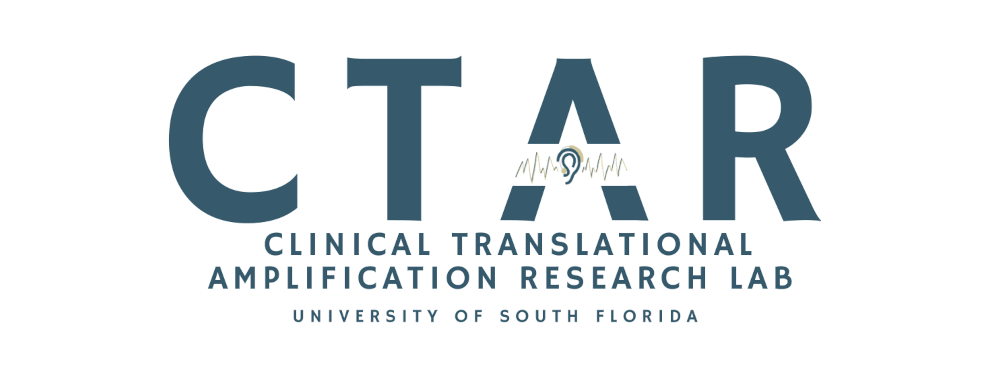 CTAR logo, with the cross bar of the A made of an audio wave and an ear, below reads "Clinical Translational Amplification Research Lab" and "University of South Florida"