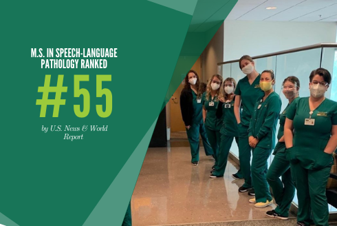 Speech-pathologists appear facing camera in a hallway. Text overlay says