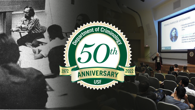 Department of Criminology 50th anniversary logo and "then and now" photos