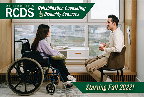Photo of a woman in a wheelchair talking with a man sitting in a chair. Text on the image says