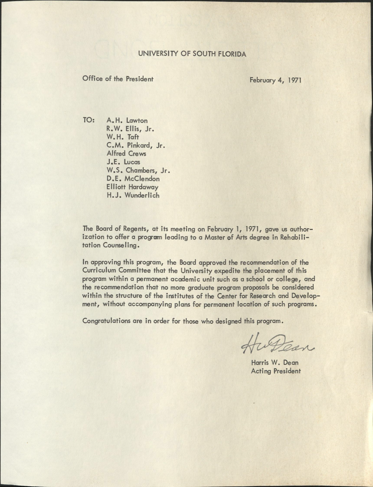 Letter from the USF president dated 1971