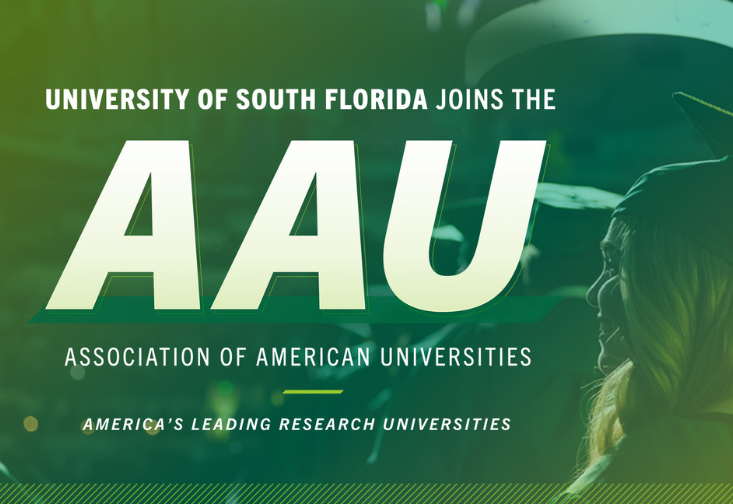 Woman in graduation cap with text that says: University of South Florida joins the AAU (Association of American of Universities) - America's Leading Research Universities