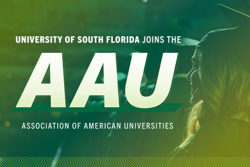 Woman in graduation cap with text that says: University of South Florida joins the AAU (Association of American of Universities) - America's Leading Research Universities