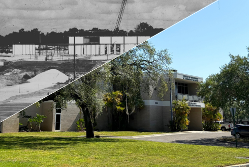 Construction of FMHI building on left of screen and building today on right of screen