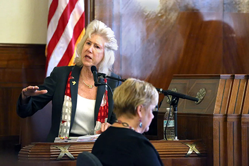 Kathleen Heide on the stand at a trial