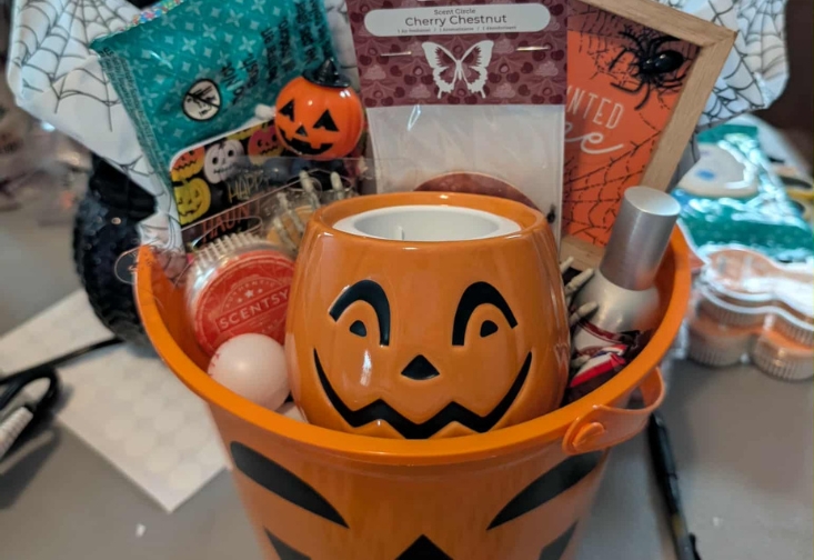 Book bucket filled with self-care items
