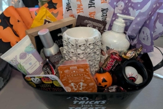 A boo bucket filled with self-care items
