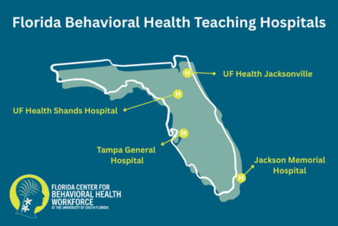 Florida behavioral health teaching hospitals -- outline of Florida showing the locations of UF Health Jacksonville, UF Health Shands Hospital, Tampa General Hospital and Jackson Memorial Hospital