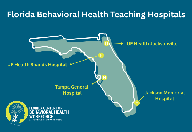 Florida behavioral health teaching hospitals -- outline of Florida showing the locations of UF Health Jacksonville, UF Health Shands Hospital, Tampa General Hospital and Jackson Memorial Hospital