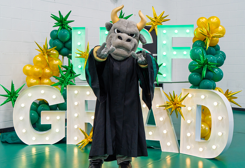 Rocky in front of a USF Grad sign