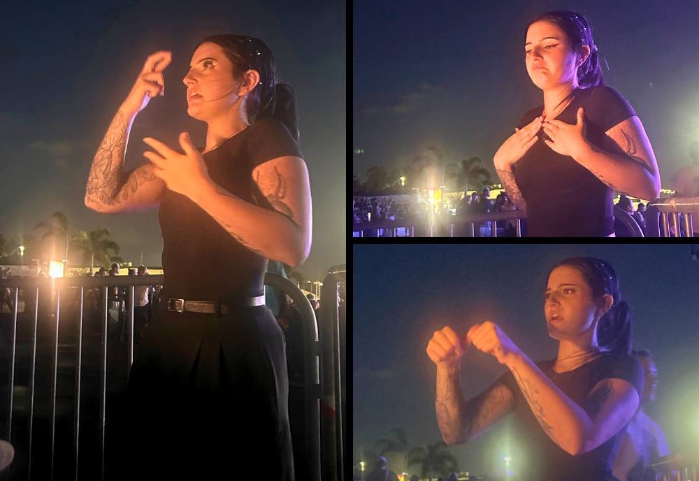 Carly Missildine provides ASL interpretation during a concert performance at MIDFLORIDA Credit Union Amphitheatre.