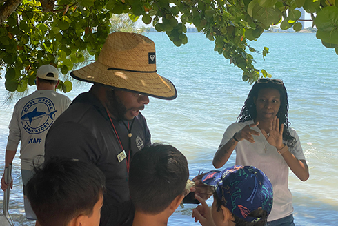 A student interprets outside